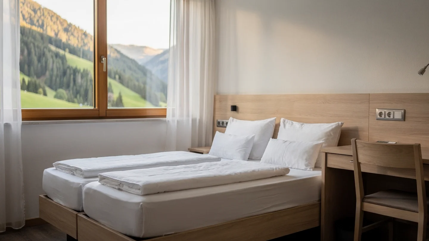 An illustrative alpine guest room with white bedding and a mountain window